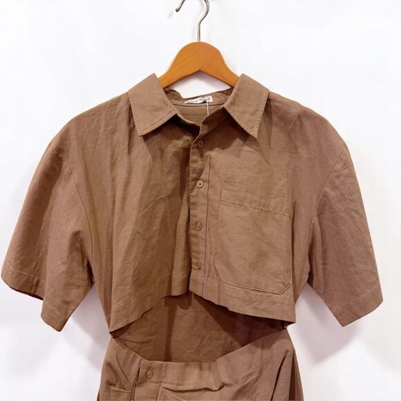 NWT Moon River Short Sleeve Button Front Cut-out Shirred Shirt Mini Dress - Picture 5 of 7